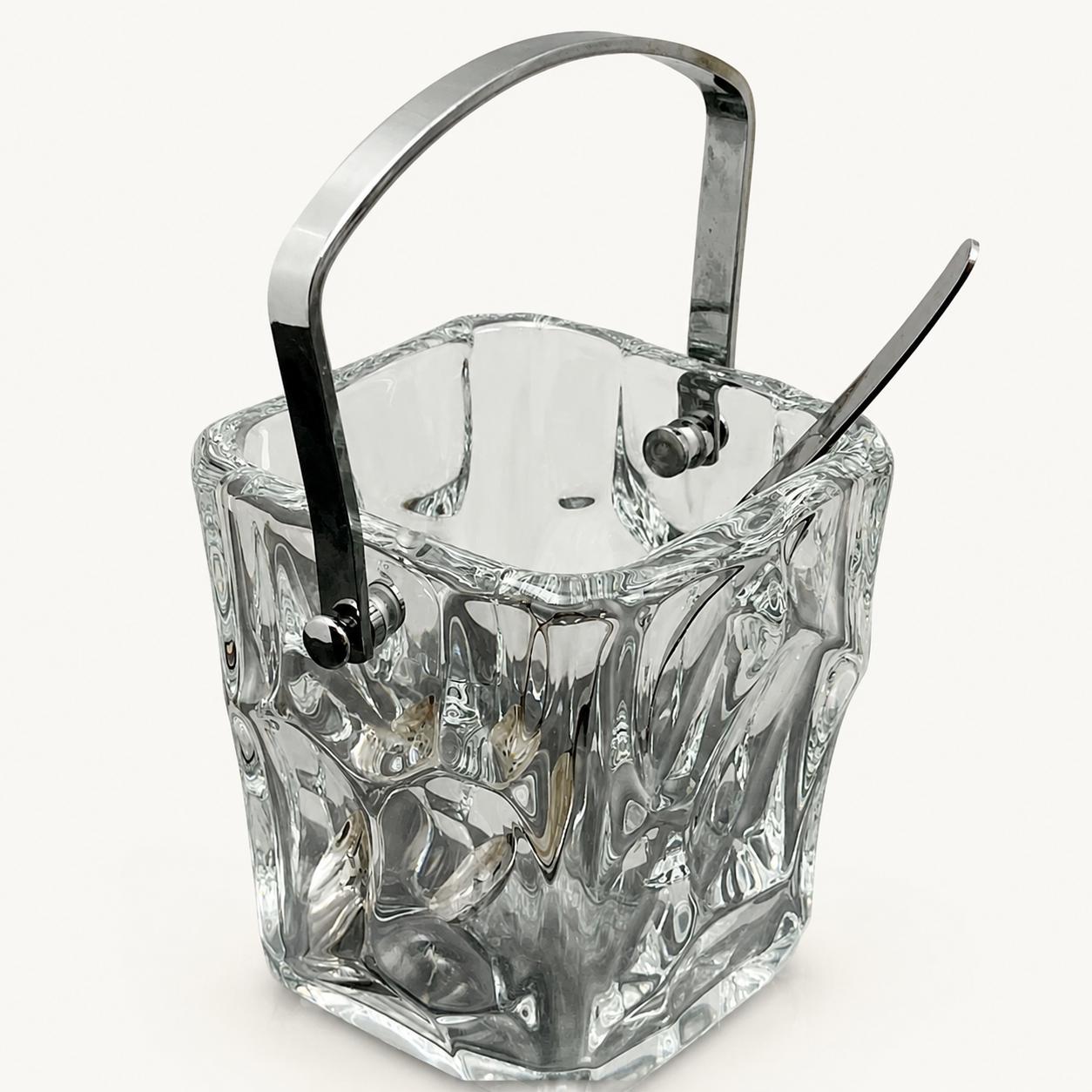 Crystal Ice Bucket, Cristal de Sevres Square Ice Pail with Chrome Handle and Spoon — French, 1970s Design