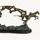 Greyhound Sculpture, Three Running Dogs Leaping from Rock, Two Tone Patina, Art Deco Style