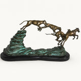 Greyhound Sculpture, Three Running Dogs Leaping from Rock, Two Tone Patina, Art Deco Style
