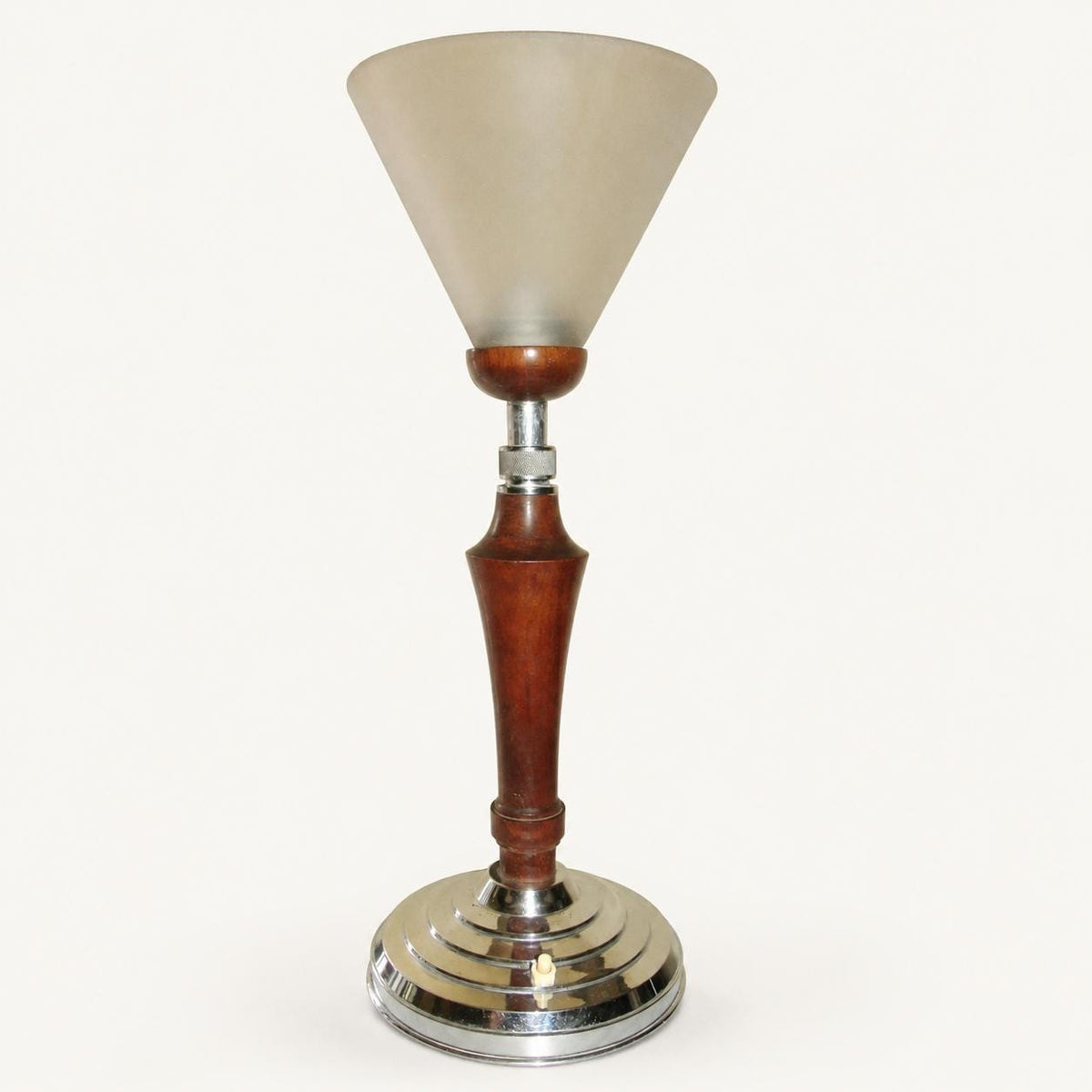 Art Deco Style Desk Lamp, Adjustable Wood and Chrome Uplighter, Frosted Cone Shade, Mazda Style