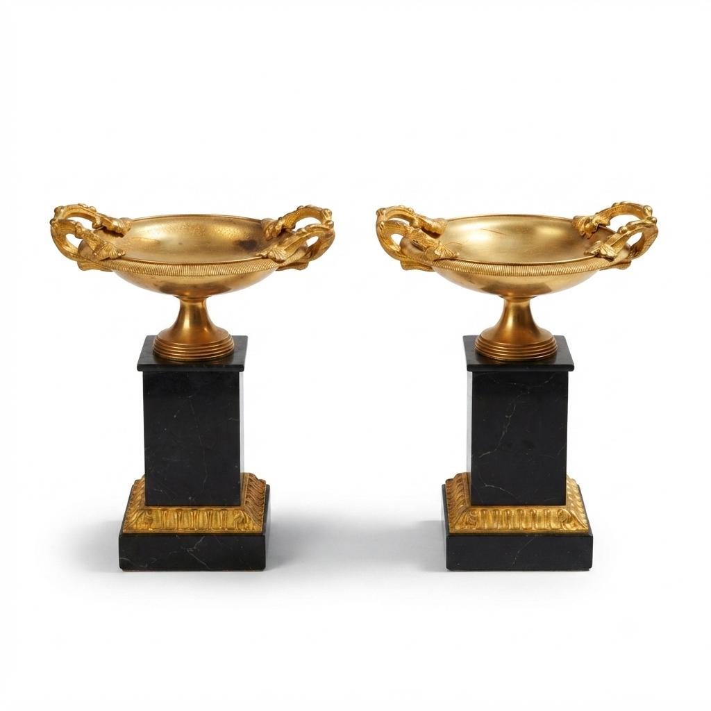 Tazza Pair, Gilt Metal Coupes on Black Marble Plinths, Empire Style Cassolettes — French, 19th Century Attribution