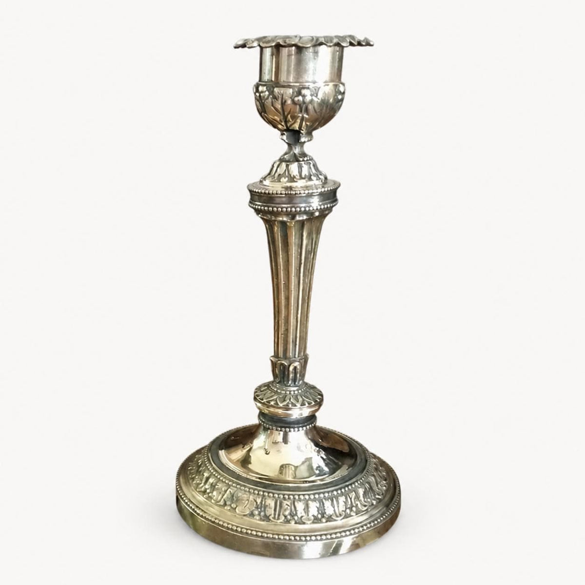 Louis XVI Style Candlesticks Pair, Gilt Metal Fluted Candle Holders, Chased Foliage — French, 19th Century Attribution