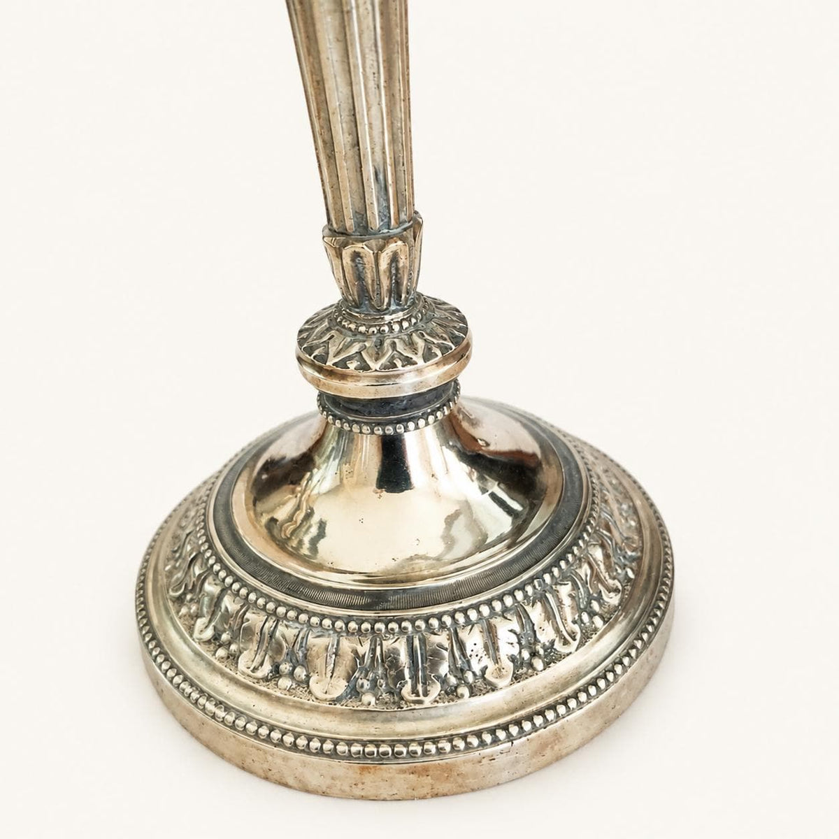 Louis XVI Style Candlesticks Pair, Gilt Metal Fluted Candle Holders, Chased Foliage — French, 19th Century Attribution