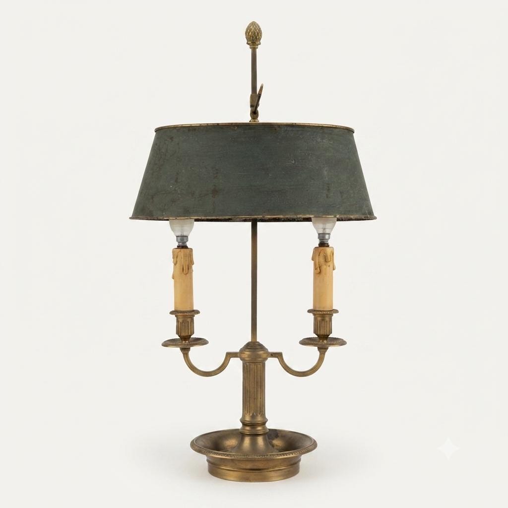 French Bouillotte Lamp, Louis XVI Style Two Light Lamp with Green Tole Shade — 19th Century Attribution