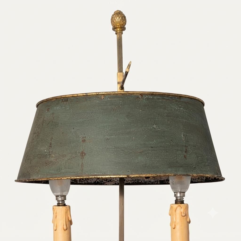 French Bouillotte Lamp, Louis XVI Style Two Light Lamp with Green Tole Shade — 19th Century Attribution
