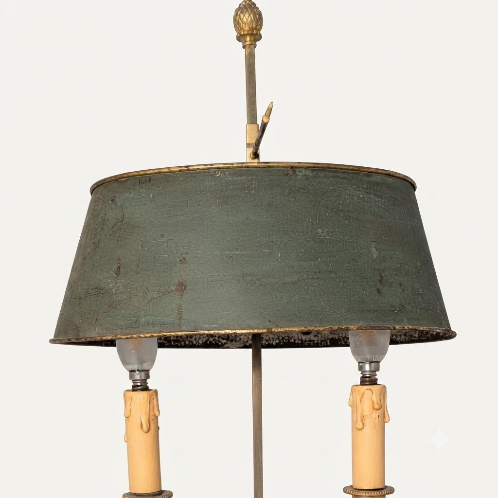 French Bouillotte Lamp, Louis XVI Style Two Light Lamp with Green Tole Shade — 19th Century Attribution