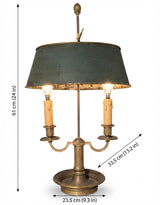 French Bouillotte Lamp, Louis XVI Style Two Light Lamp with Green Tole Shade — 19th Century Attribution