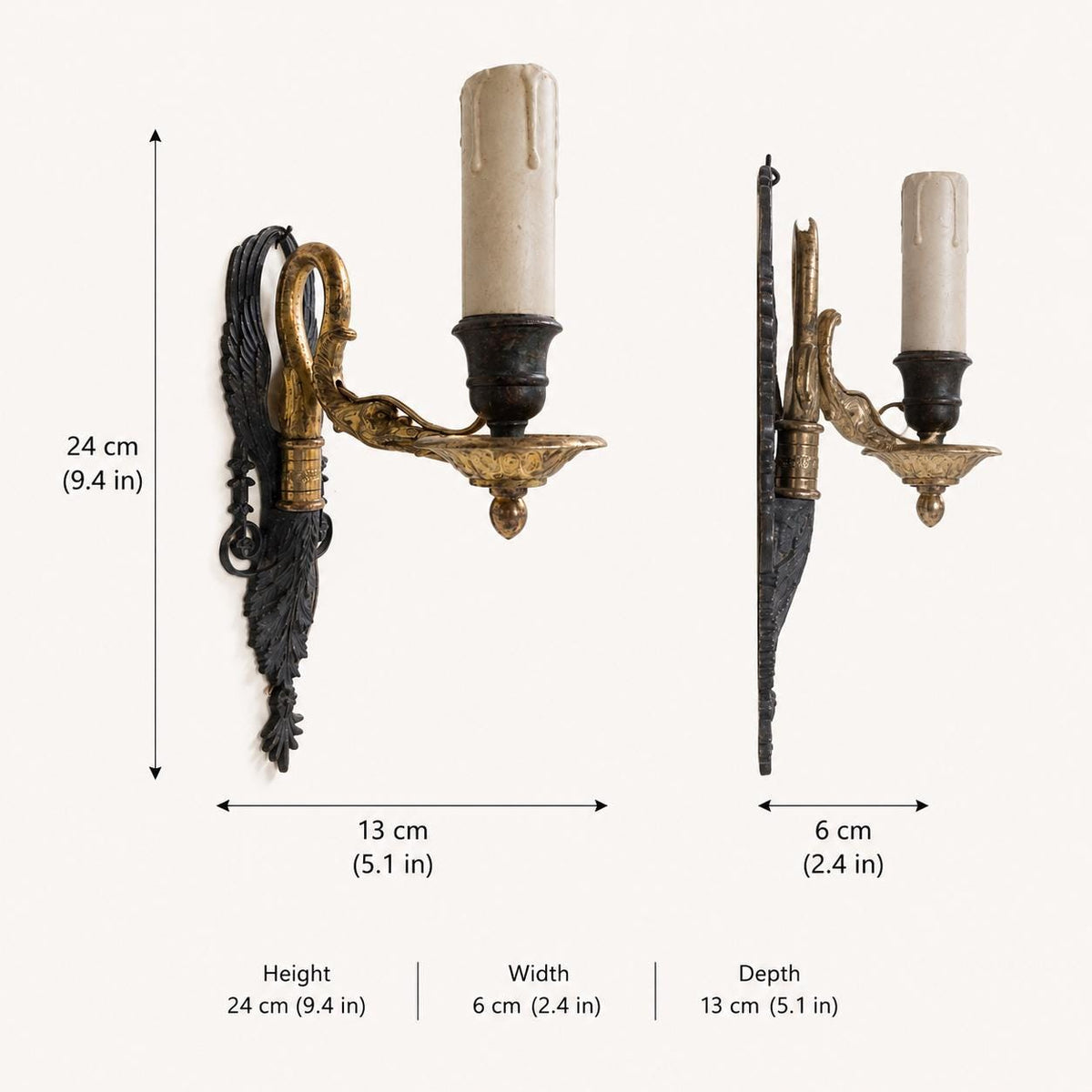Empire Style Wall Sconces Set of Four, Swan and Palm Sconces, Two Tone Green Gilt Patina — French, Early 20th Century