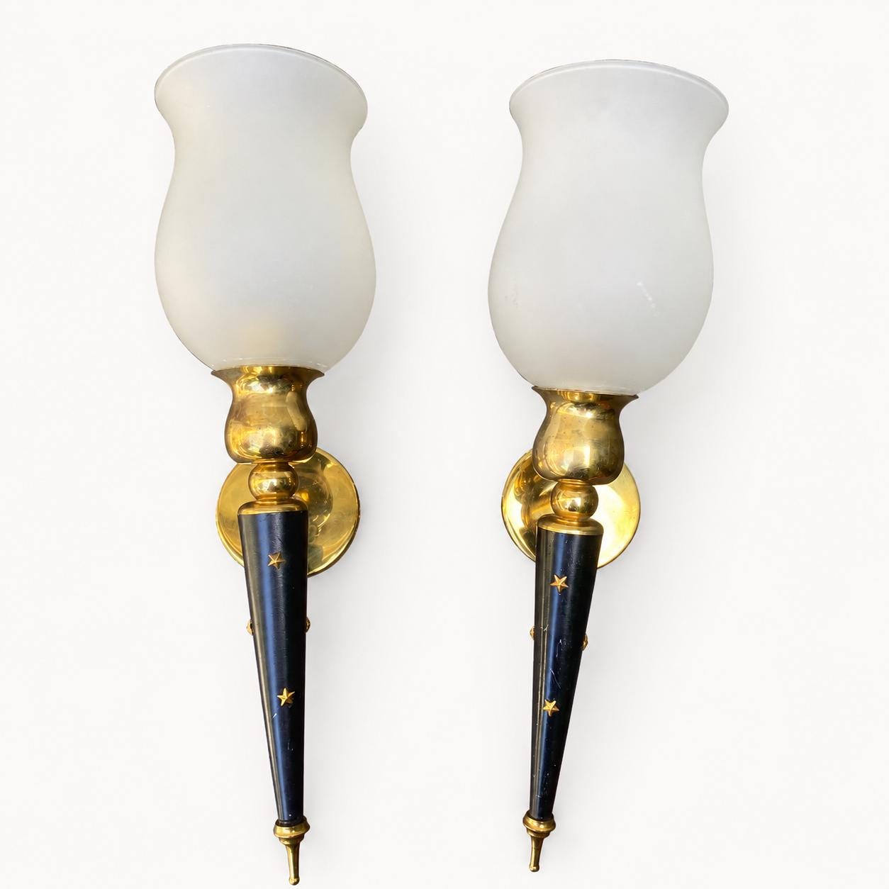 Torch Wall Sconces Pair, Black and Brass Star Sconces with Frosted Glass Shades — French, 1940s–50s