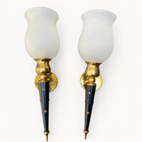 Torch Wall Sconces Pair, Black and Brass Star Sconces with Frosted Glass Shades — French, 1940s–50s