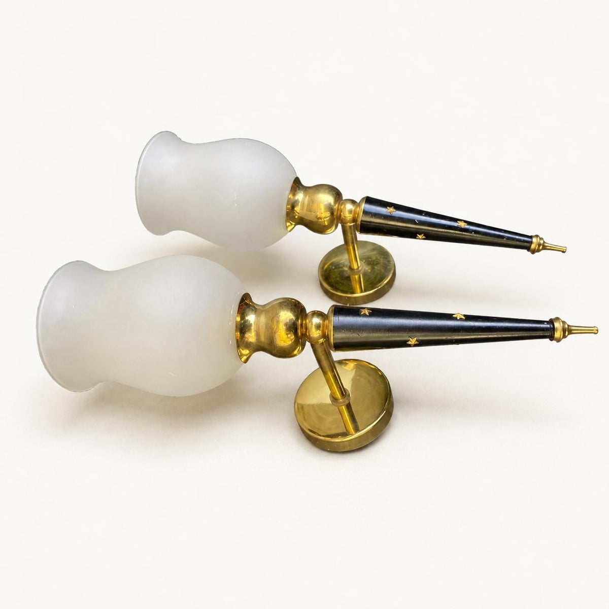 Torch Wall Sconces Pair, Black and Brass Star Sconces with Frosted Glass Shades — French, 1940s–50s
