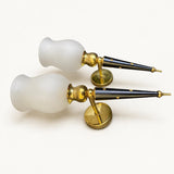 Torch Wall Sconces Pair, Black and Brass Star Sconces with Frosted Glass Shades — French, 1940s–50s