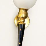 Torch Wall Sconces Pair, Black and Brass Star Sconces with Frosted Glass Shades — French, 1940s–50s