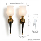 Torch Wall Sconces Pair, Black and Brass Star Sconces with Frosted Glass Shades — French, 1940s–50s