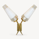 Mid Century Wall Sconces Pair, Double Brass Sconces with White Glass Cone Shades — French, 1960s