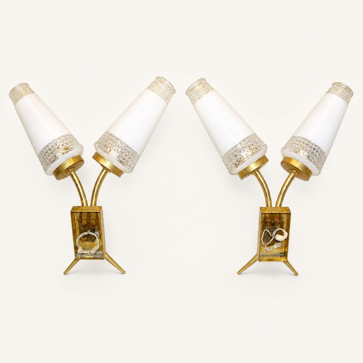 Mid Century Wall Sconces Pair, Double Brass Sconces with White Glass Cone Shades — French, 1960s