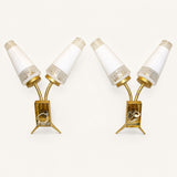 Mid Century Wall Sconces Pair, Double Brass Sconces with White Glass Cone Shades — French, 1960s