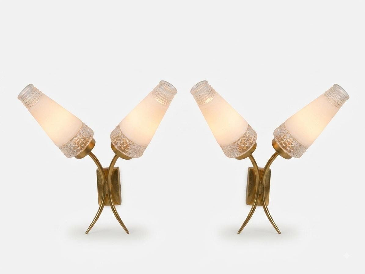 Mid Century Wall Sconces Pair, Double Brass Sconces with White Glass Cone Shades — French, 1960s