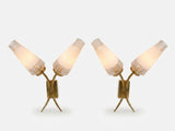 Mid Century Wall Sconces Pair, Double Brass Sconces with White Glass Cone Shades — French, 1960s