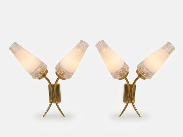 Mid Century Wall Sconces Pair, Double Brass Sconces with White Glass Cone Shades — French, 1960s