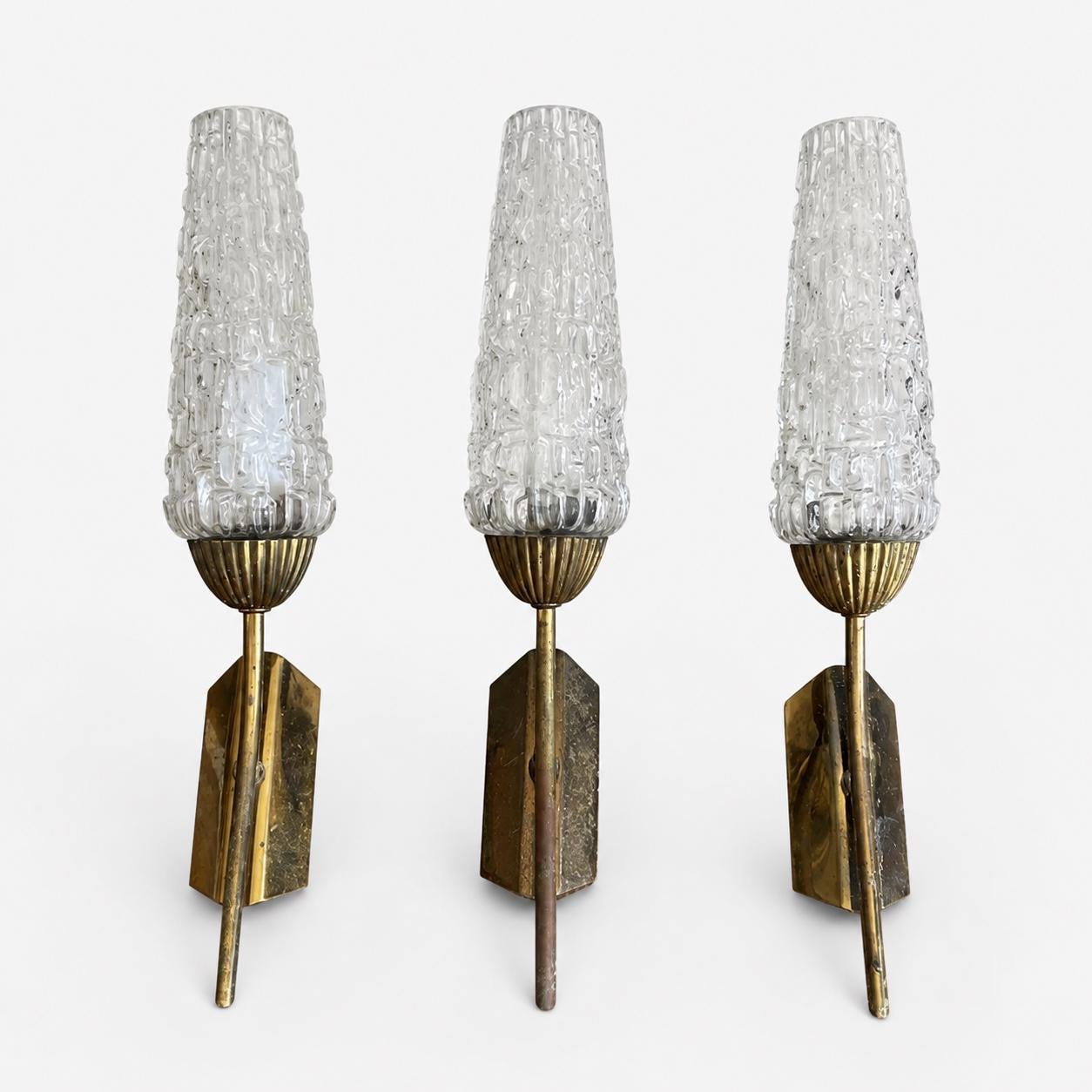 Mid Century Wall Sconces Set of Three, Brass Sconces with Textured Glass Cone Shades — French, 1950s–60s