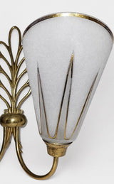 Large Double Wall Sconces Pair, Brass Leaf Sconces with Frosted Glass Cone Shades, Gold Accents — French, 1950s