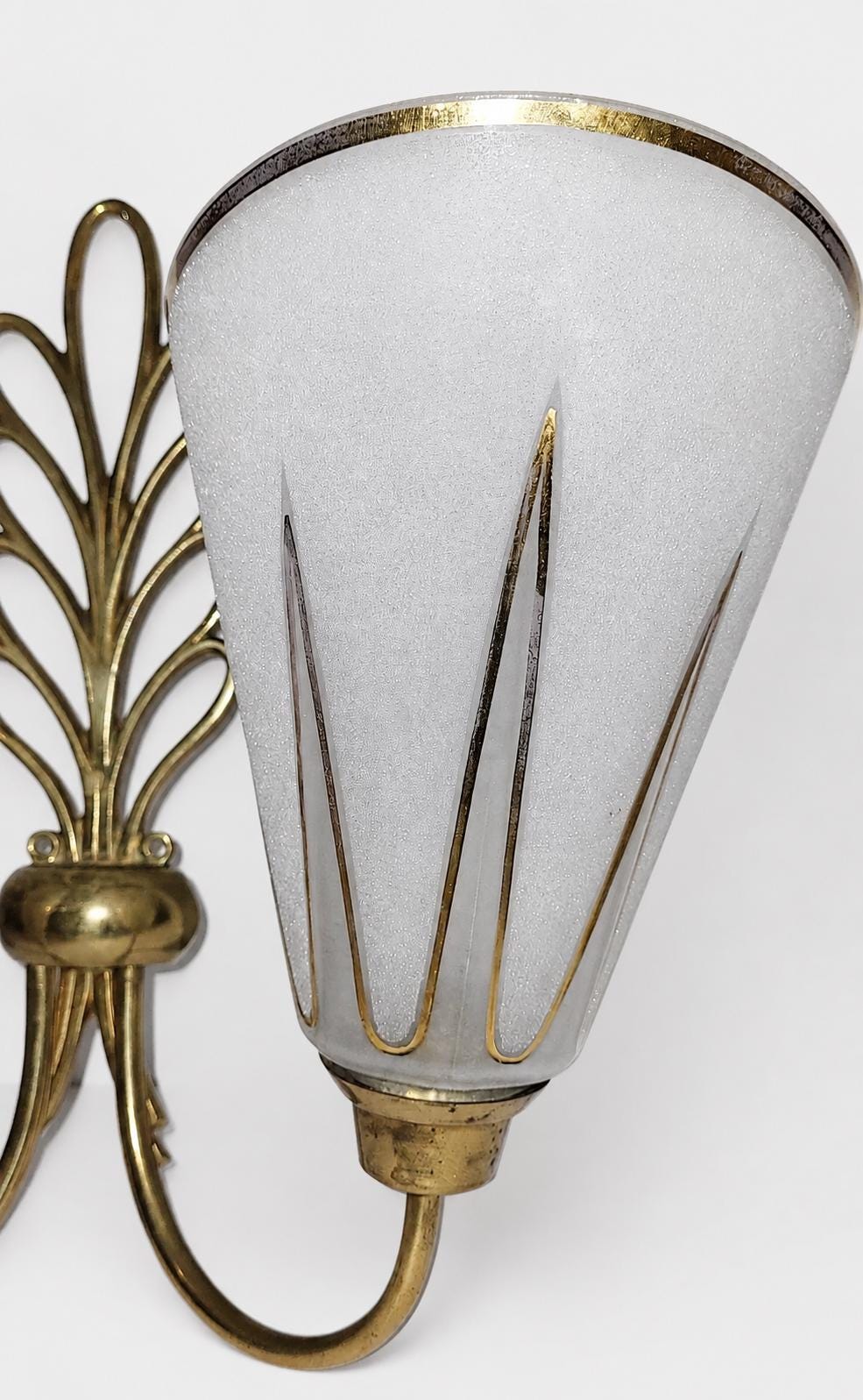 Large Double Wall Sconces Pair, Brass Leaf Sconces with Frosted Glass Cone Shades, Gold Accents — French, 1950s