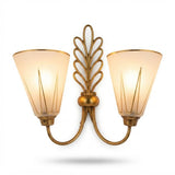 Large Double Wall Sconces Pair, Brass Leaf Sconces with Frosted Glass Cone Shades, Gold Accents — French, 1950s