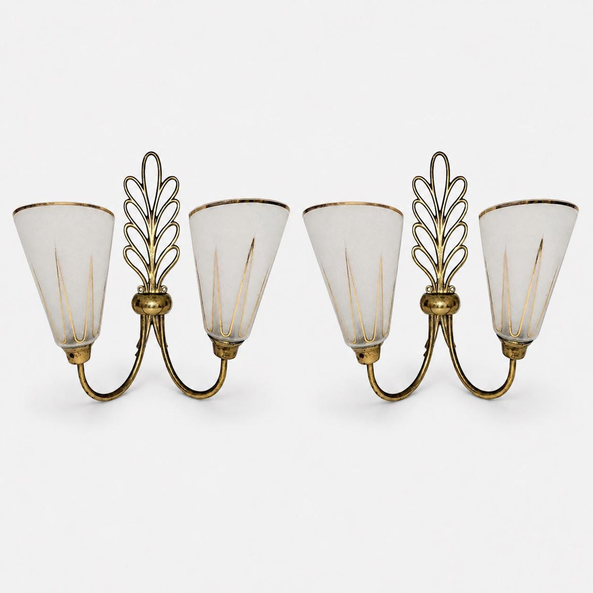 Large Double Wall Sconces Pair, Brass Leaf Sconces with Frosted Glass Cone Shades, Gold Accents — French, 1950s