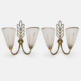 Large Double Wall Sconces Pair, Brass Leaf Sconces with Frosted Glass Cone Shades, Gold Accents — French, 1950s