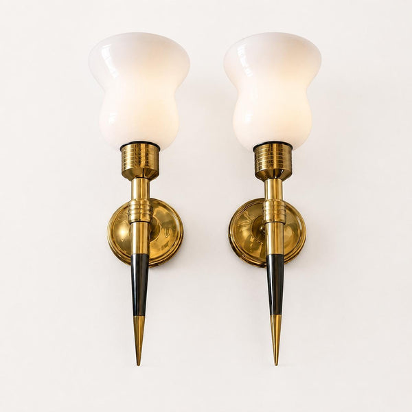 Pair of Brass and Opaline Glass Wall Sconces, 1950s