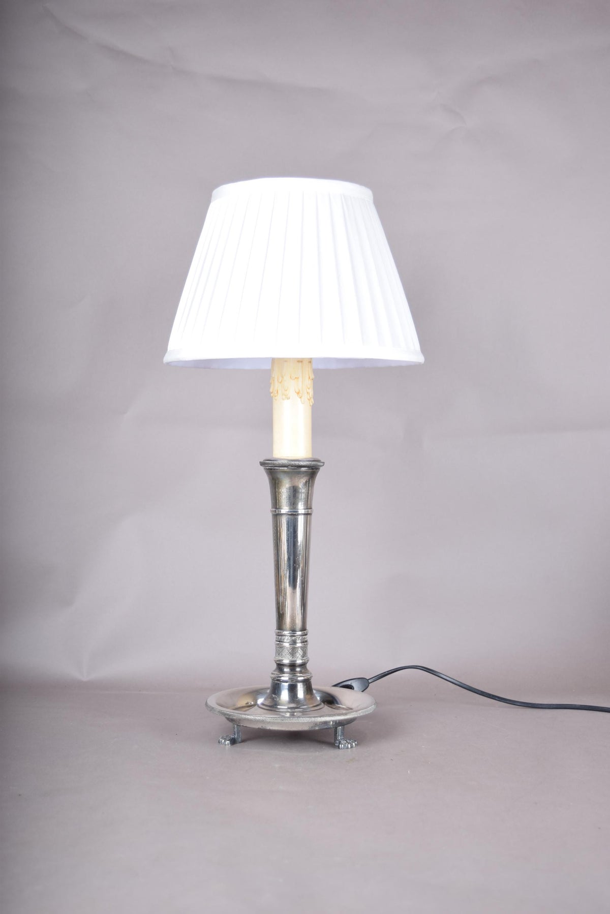 French Vintage Neoclassical Silver on Bronze Table Lamp with Pleated Shade