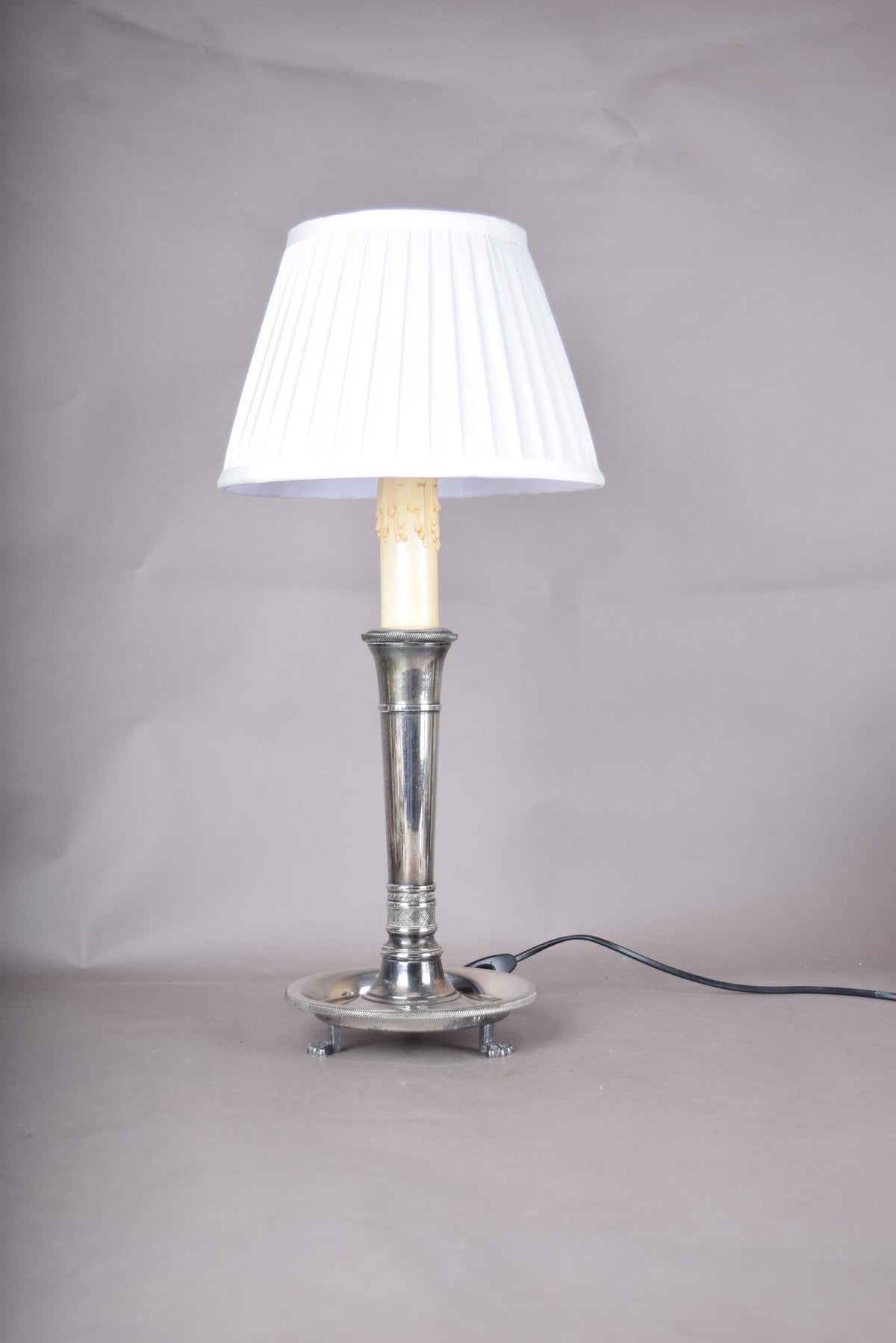 French Vintage Neoclassical Silver on Bronze Table Lamp with Pleated Shade