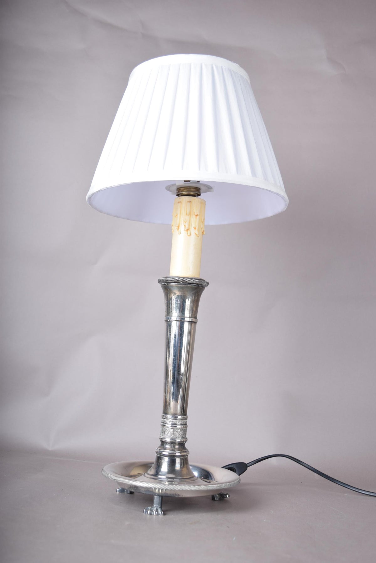 French Vintage Neoclassical Silver on Bronze Table Lamp with Pleated Shade