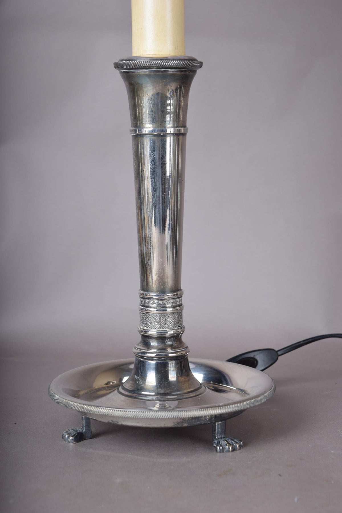 French Vintage Neoclassical Silver on Bronze Table Lamp with Pleated Shade