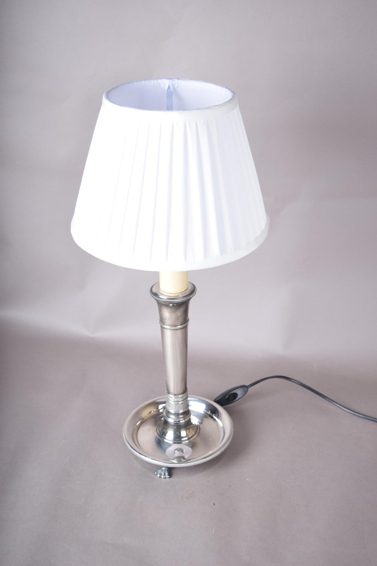French Vintage Neoclassical Silver on Bronze Table Lamp with Pleated Shade