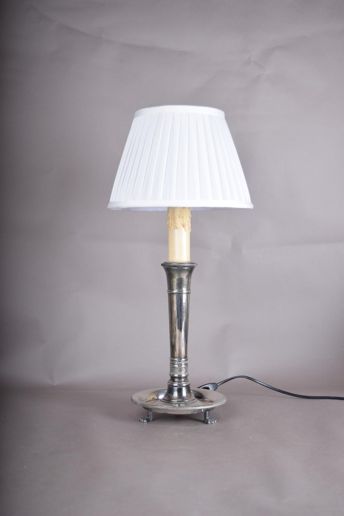 French Vintage Neoclassical Silver on Bronze Table Lamp with Pleated Shade
