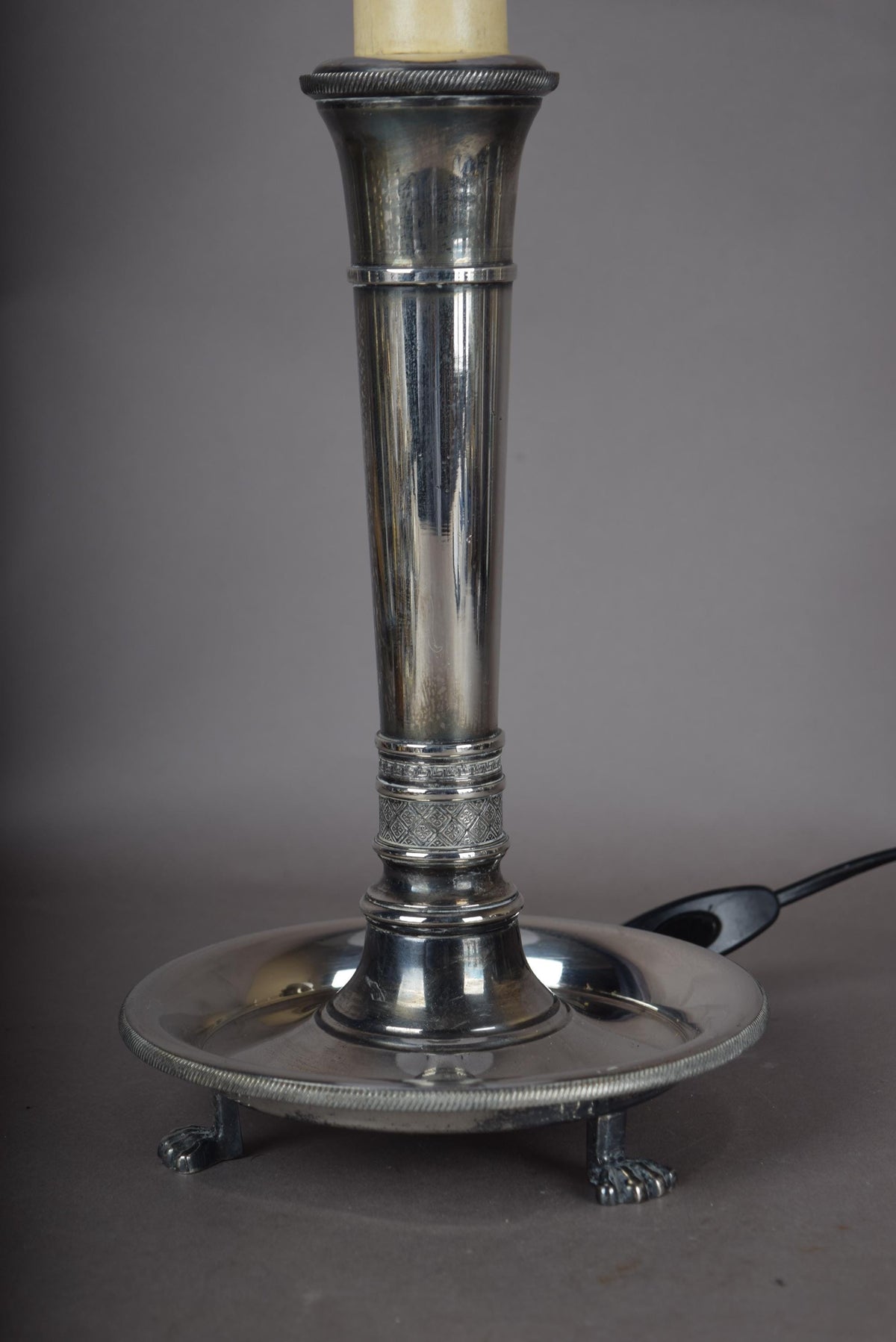 French Vintage Neoclassical Silver on Bronze Table Lamp with Pleated Shade