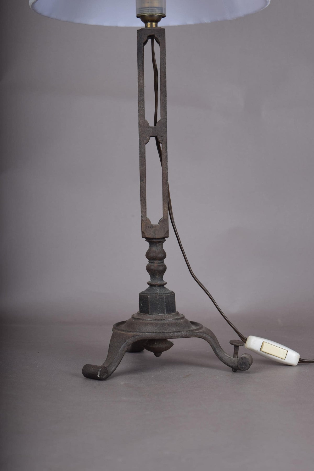 French Vintage Brutalist Art Deco Cast Metal Table Lamp with Pleated Shade
