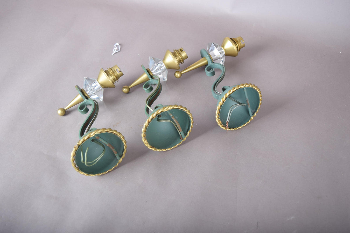 Set of Three Painted Metal Wall Sconces, Faceted Glass Drops, Scrolled Arm
