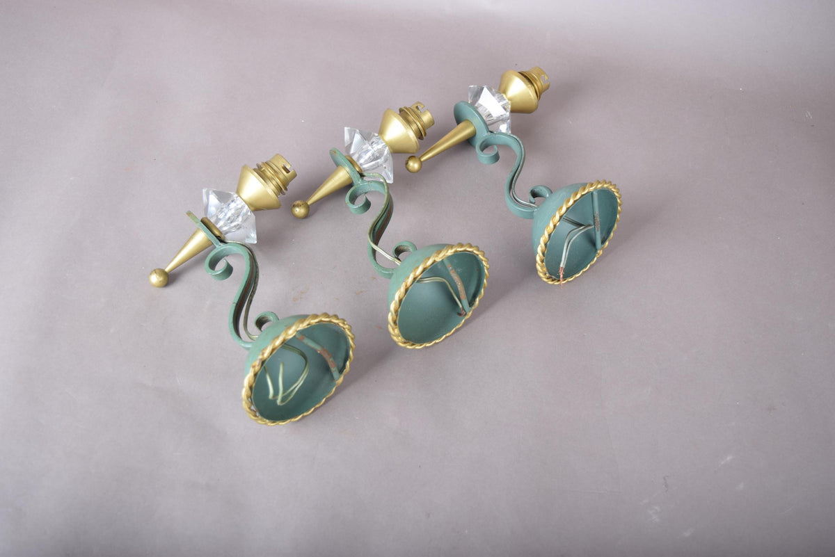 Set of Three Painted Metal Wall Sconces, Faceted Glass Drops, Scrolled Arm