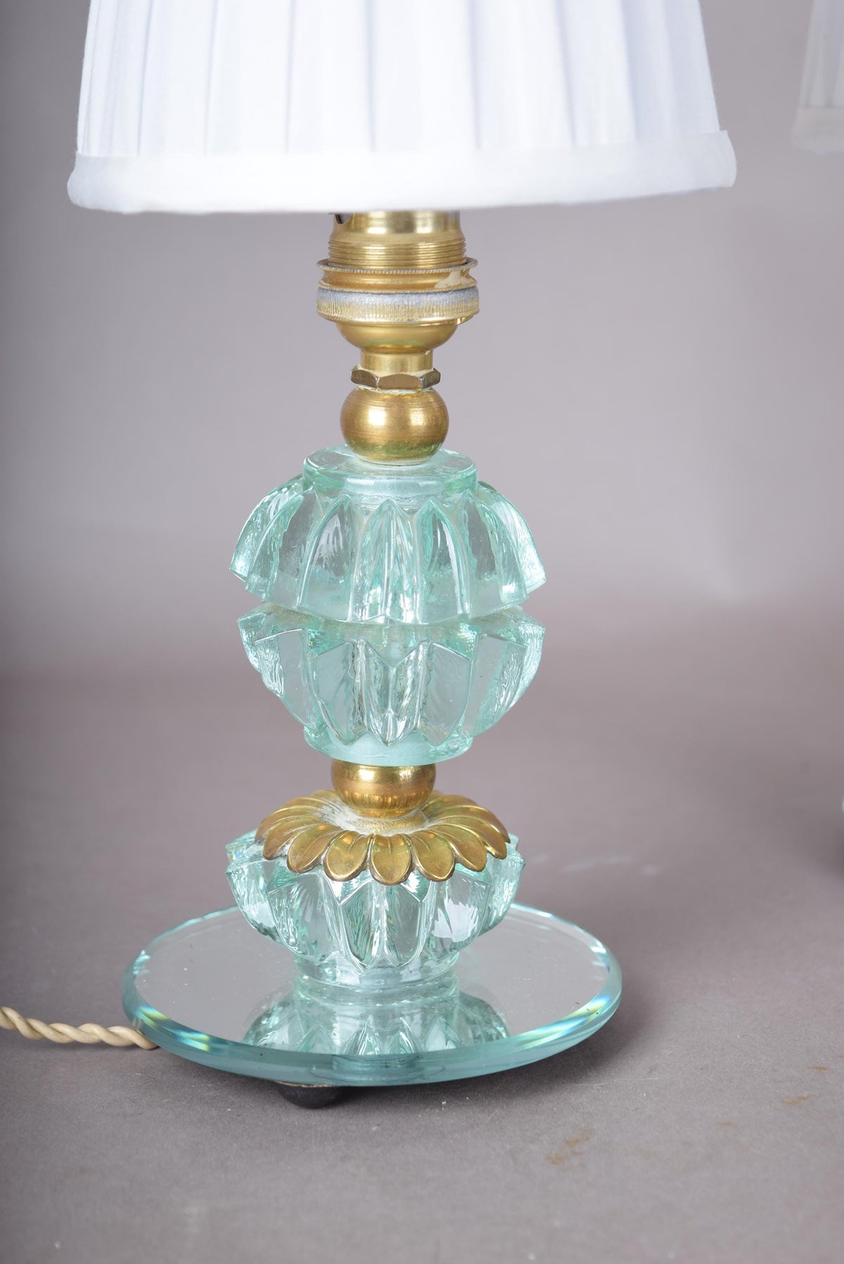 Glass Table Lamps Pair, Aqua Pressed Glass and Brass Bedside Lamps on Mirror Bases — French, 1940s