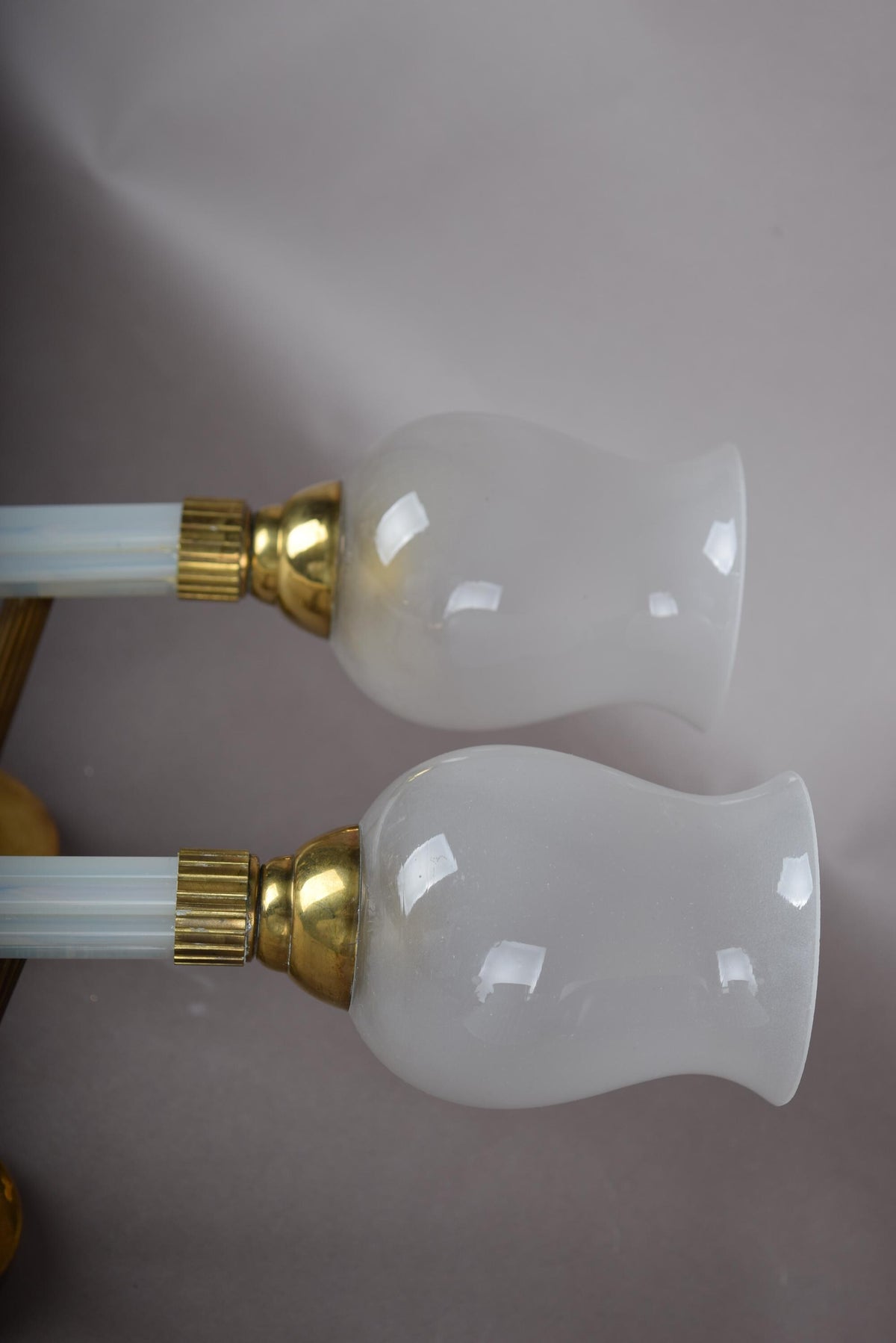 Opaline Glass Torch Sconces Pair, Blue Opaline and Brass Wall Torches with Glass Shades — French, 1950s