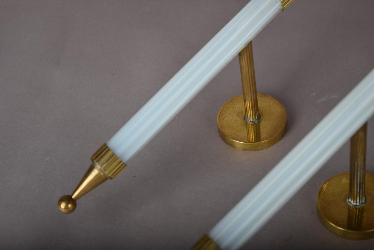 Opaline Glass Torch Sconces Pair, Blue Opaline and Brass Wall Torches with Glass Shades — French, 1950s
