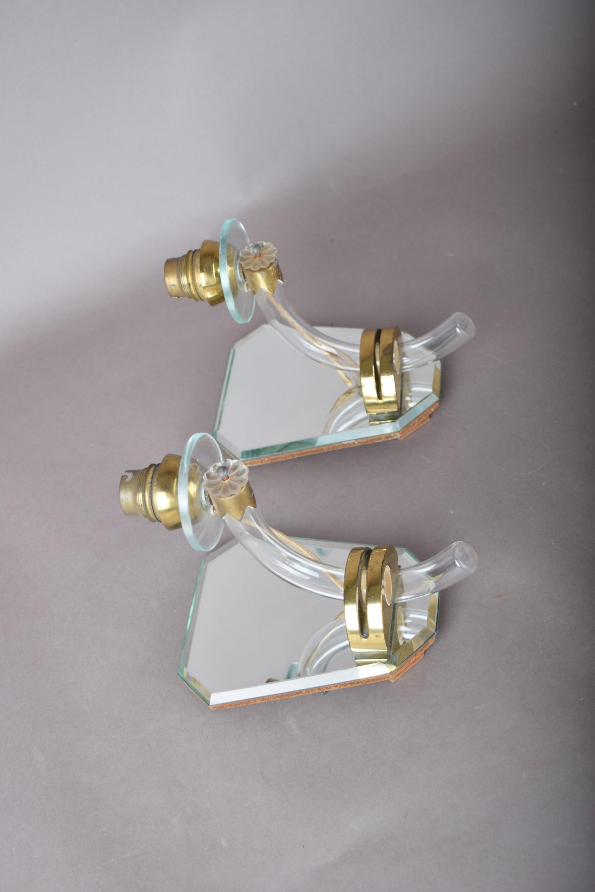 Mirror Wall Sconces Pair, Art Deco Style Mirrored Sconces with Glass Arms — French, 1940s
