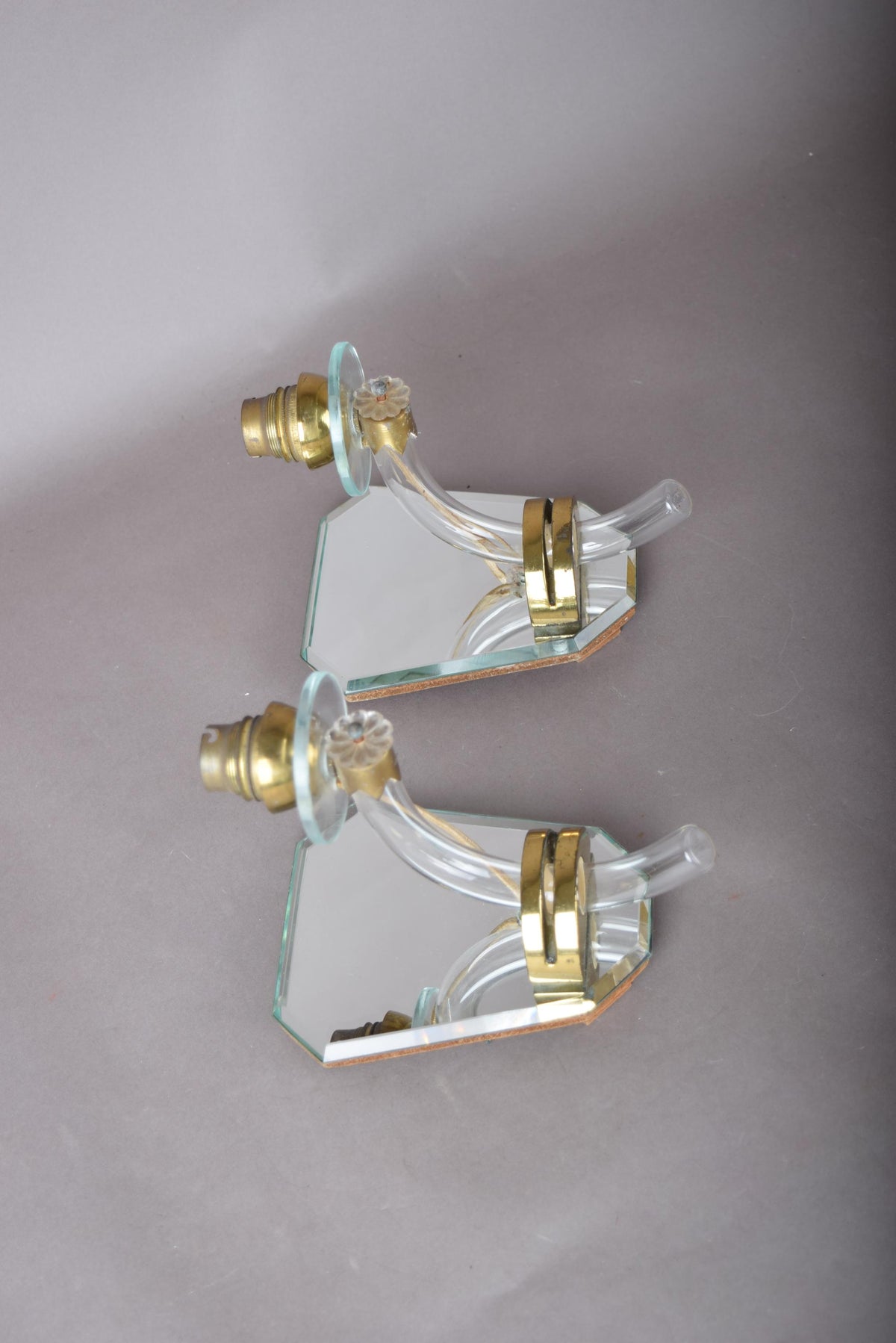 Mirror Wall Sconces Pair, Art Deco Style Mirrored Sconces with Glass Arms — French, 1940s