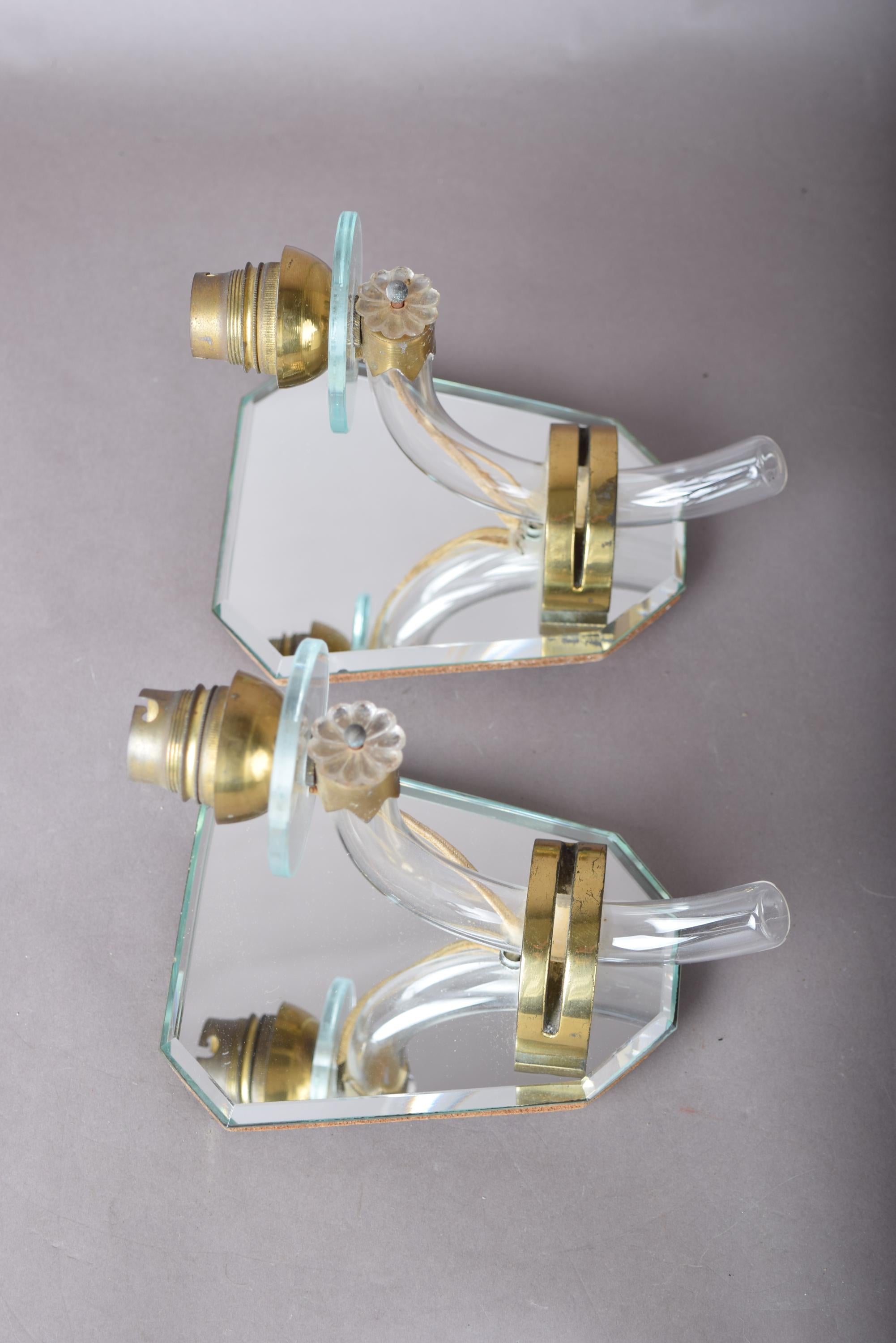 Mirror Wall Sconces Pair, Art Deco Style Mirrored Sconces with Glass Arms — French, 1940s