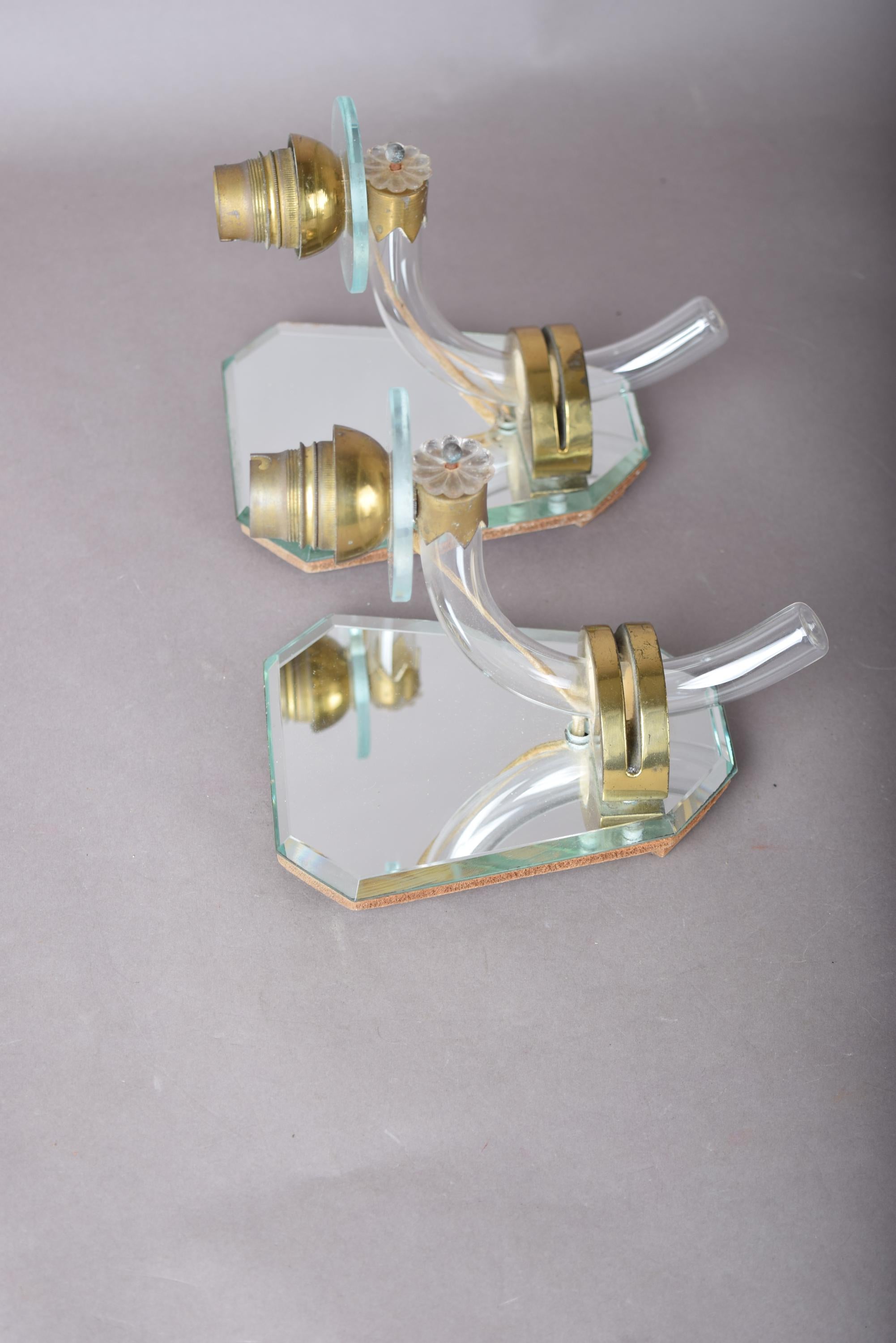 Mirror Wall Sconces Pair, Art Deco Style Mirrored Sconces with Glass Arms — French, 1940s