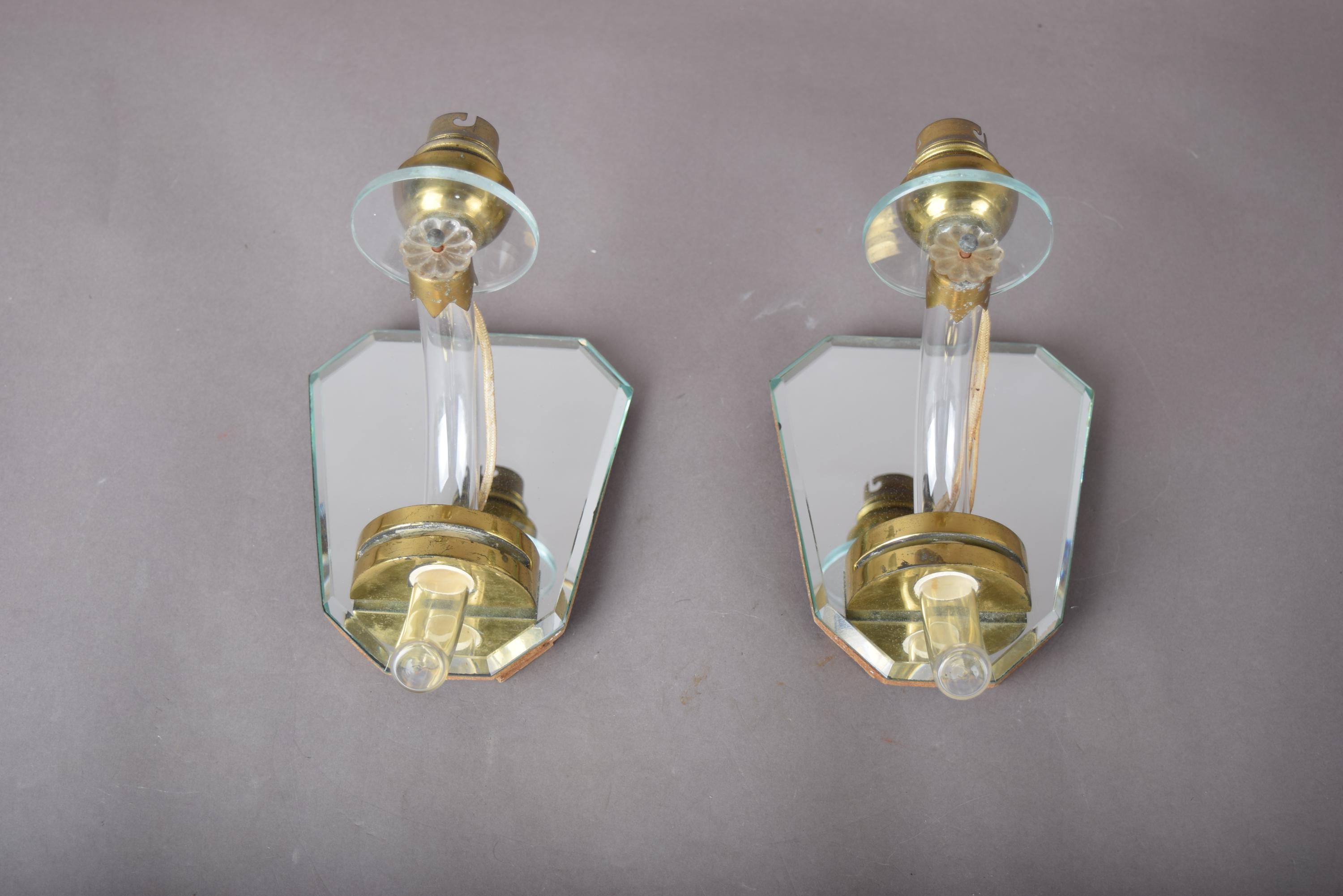 Mirror Wall Sconces Pair, Art Deco Style Mirrored Sconces with Glass Arms — French, 1940s