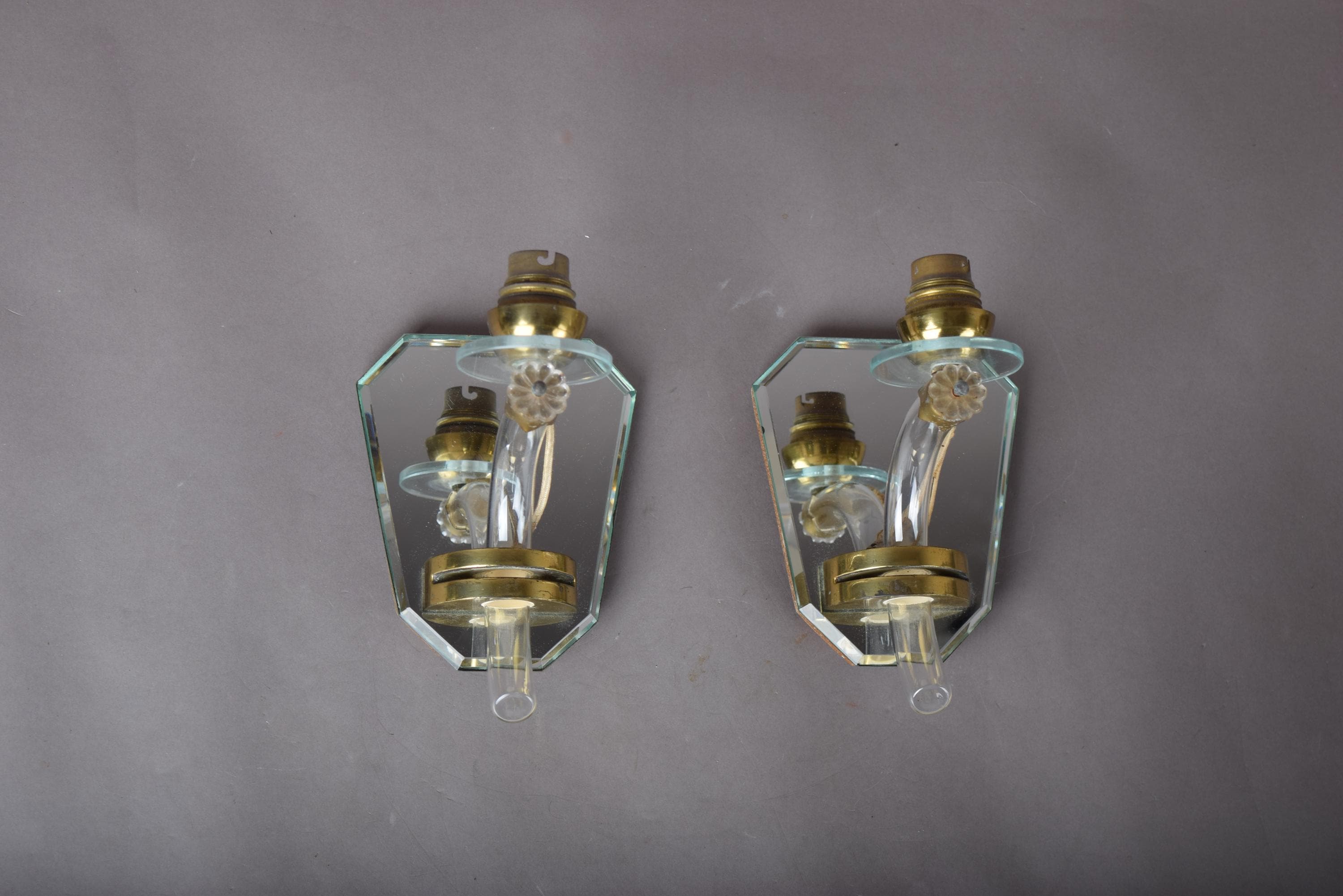 Mirror Wall Sconces Pair, Art Deco Style Mirrored Sconces with Glass Arms — French, 1940s